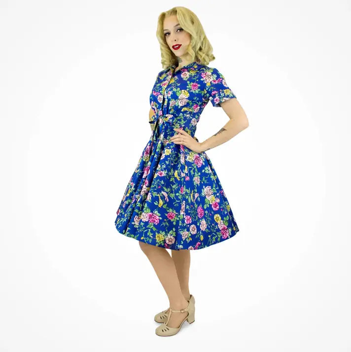 Summer Short Sleeve Blue Floral Retro Circle Dress