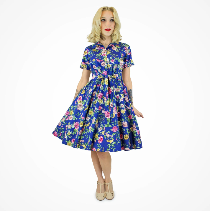 Summer Short Sleeve Blue Floral Retro Circle Dress