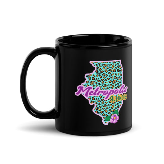 Metropolis Illinois State Flower over Leopard Print on Black Glossy Mug