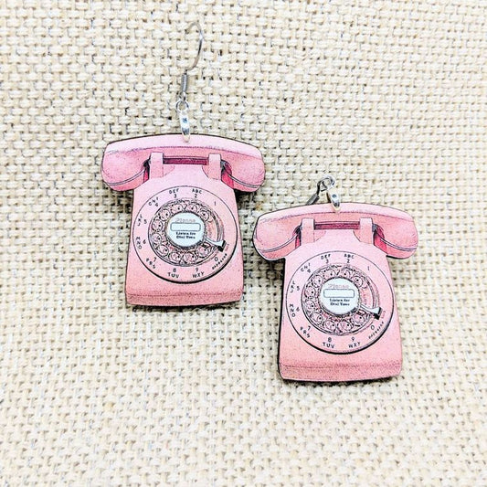 Telephone Earrings / Phone Earrings / Handmade Wood Earrings / Handmade Jewelry / Vintage Rotary Phone Earrings / Pink Earrings - supermanstuff.com