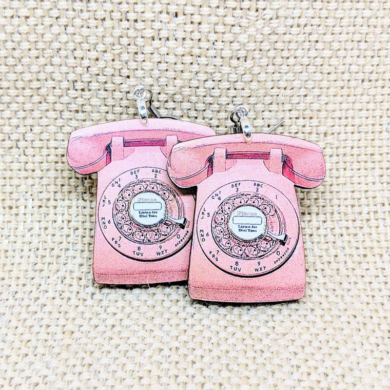Telephone Earrings / Phone Earrings / Handmade Wood Earrings / Handmade Jewelry / Vintage Rotary Phone Earrings / Pink Earrings - supermanstuff.com
