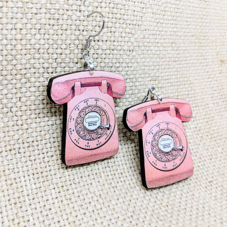 Telephone Earrings / Phone Earrings / Handmade Wood Earrings / Handmade Jewelry / Vintage Rotary Phone Earrings / Pink Earrings - supermanstuff.com