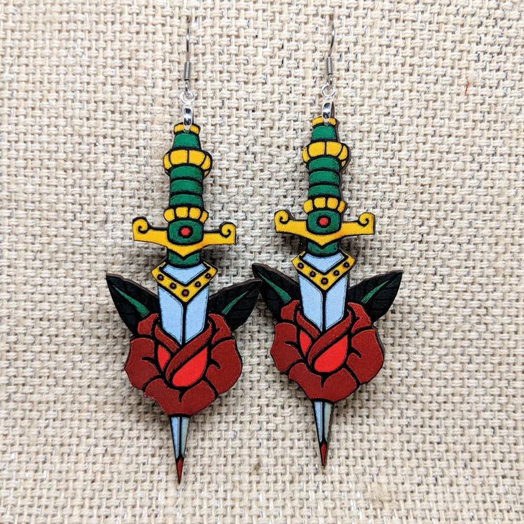Dagger Earrings / Vintage Tattoo Dagger / Vintage Image / Old School Tattoo / Sailor Tattoo Earrings / Vintage Dagger Rose Earrings - supermanstuff.com