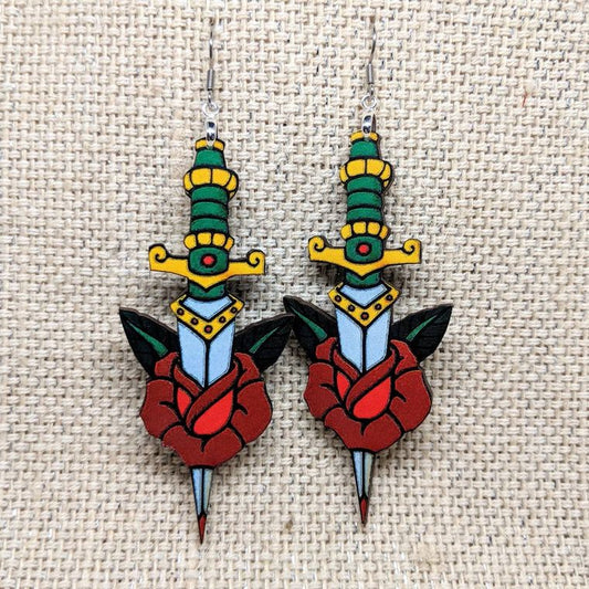 Dagger Earrings / Vintage Tattoo Dagger / Vintage Image / Old School Tattoo / Sailor Tattoo Earrings / Vintage Dagger Rose Earrings - supermanstuff.com