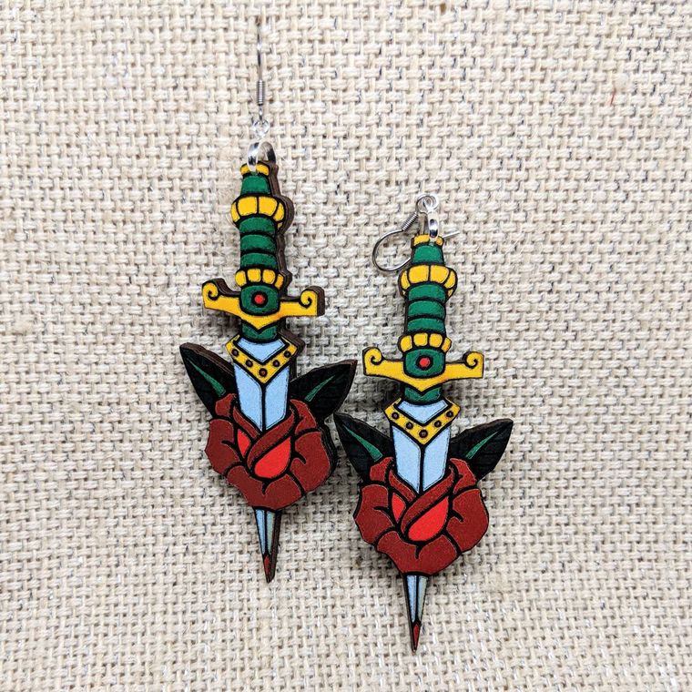 Dagger Earrings / Vintage Tattoo Dagger / Vintage Image / Old School Tattoo / Sailor Tattoo Earrings / Vintage Dagger Rose Earrings - supermanstuff.com