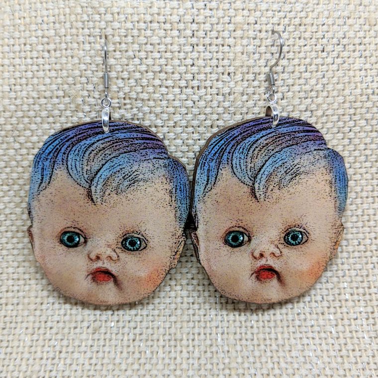 Giant Creepy Baby Head - Baby Doll Head Earrings - supermanstuff.com