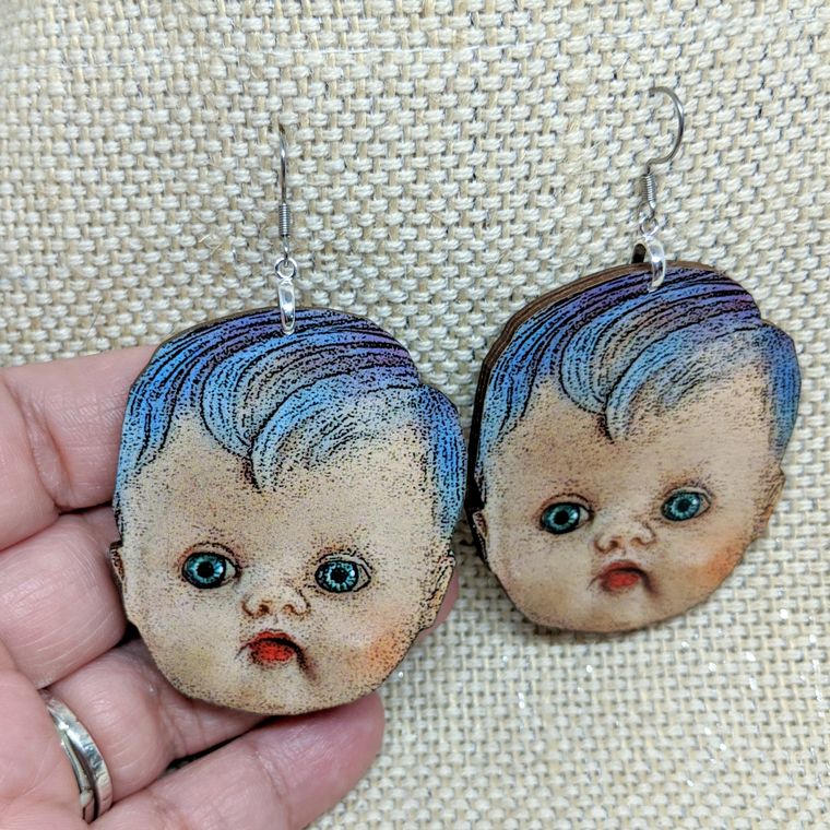 Giant Creepy Baby Head - Baby Doll Head Earrings - supermanstuff.com