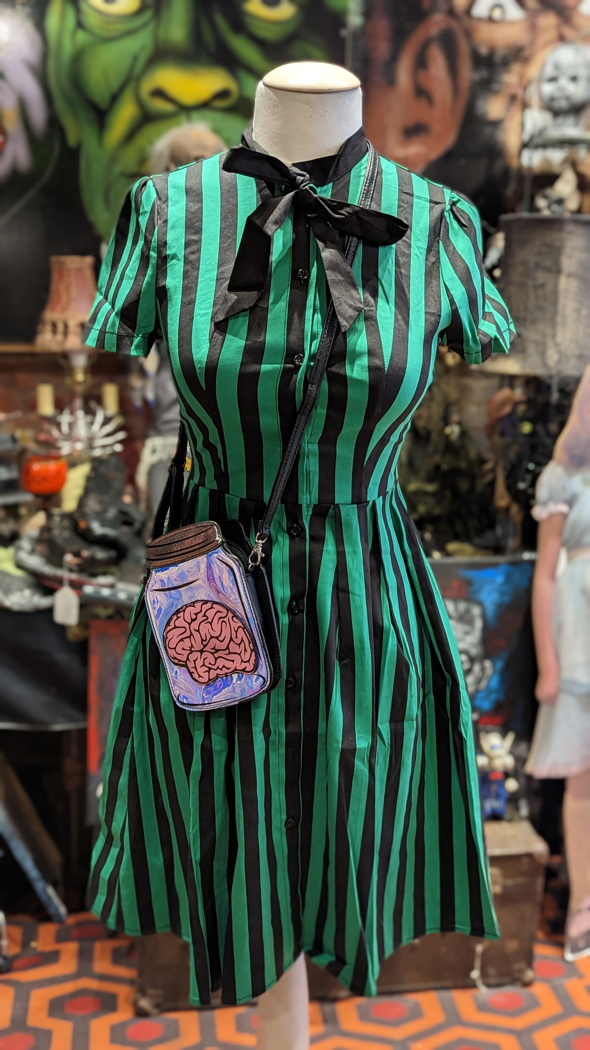 Retro Black and Green Striped Print Dress Hidden Gems Novelty Retro Black and Green Striped Print Dress Hidden Gems Novelty