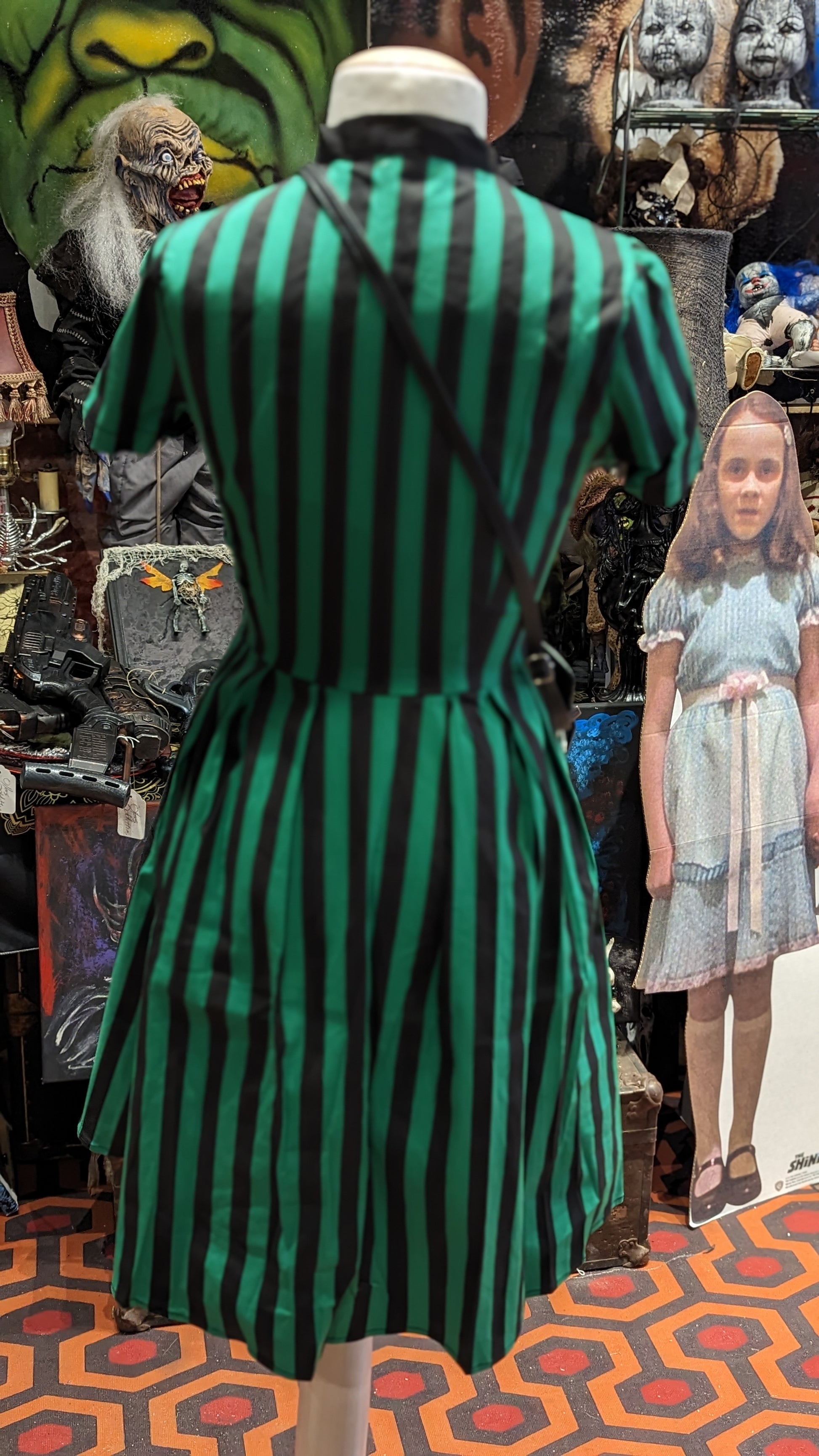 Retro Black and Green Striped Print Dress Hidden Gems Novelty Retro Black and Green Striped Print Dress Hidden Gems Novelty