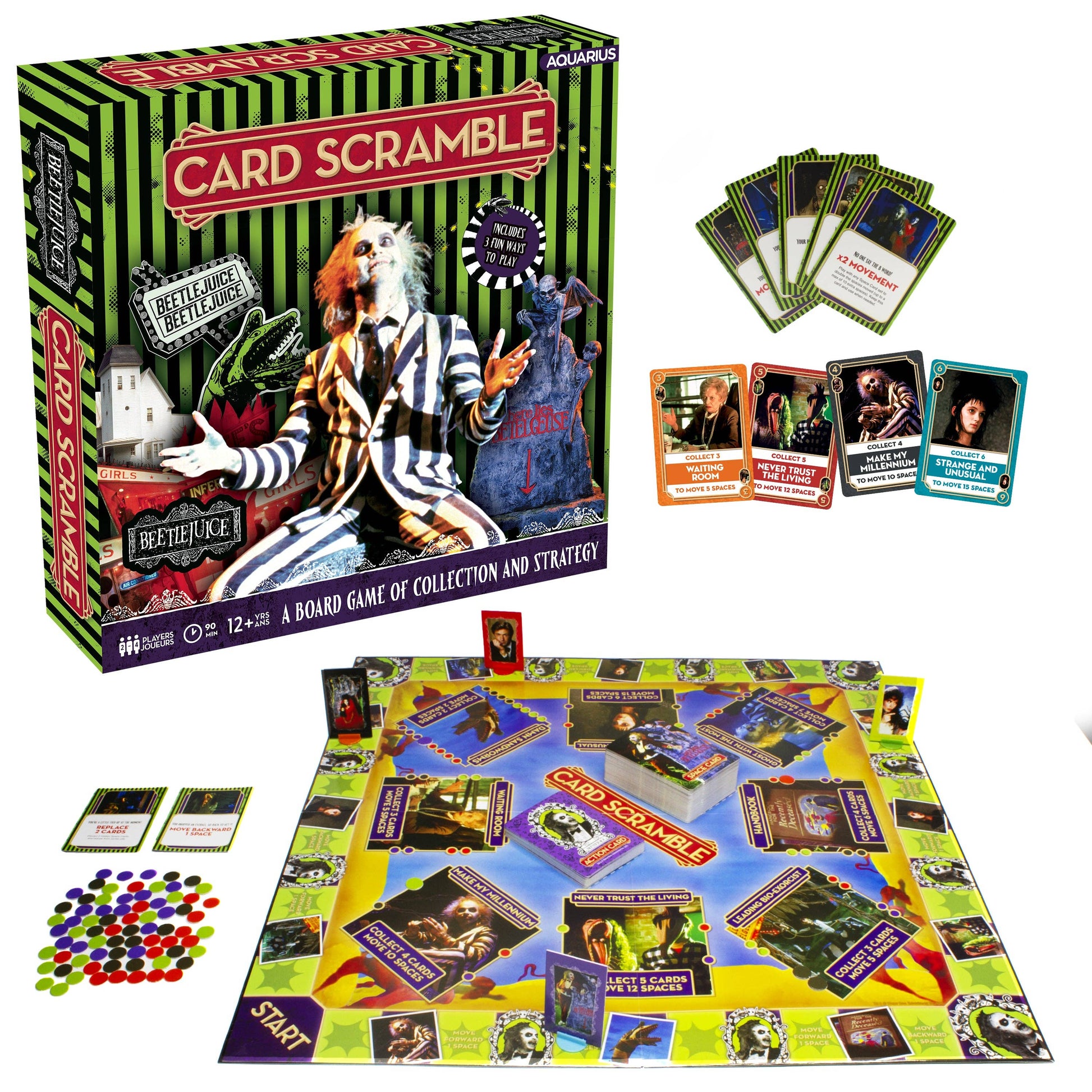 Enjoy Beetlejuice-themed board game fun with friends and family! Includes game board, 3 gameplay options, 4 character pieces, 32 action cards, 96 space cards and 80 scoring pieces. For 2-4 players, ages 12+. Perfect for family game nights, Secret Santa and White Elephant. Officially licensed Beetlejuice movie merchandise - the perfect collectible item