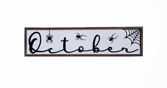 October Halloween Sign With Spider Web Wall 24x6 Wooden Sign Décor