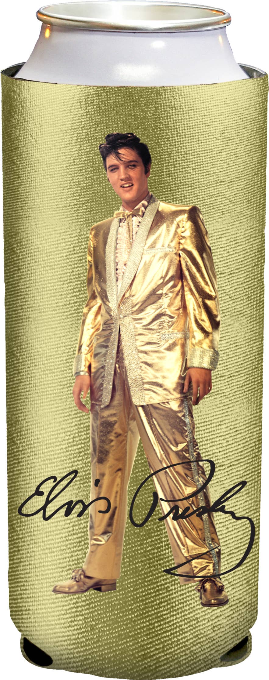 Elvis Gold Suit Tall Slim Can Holder Koozie