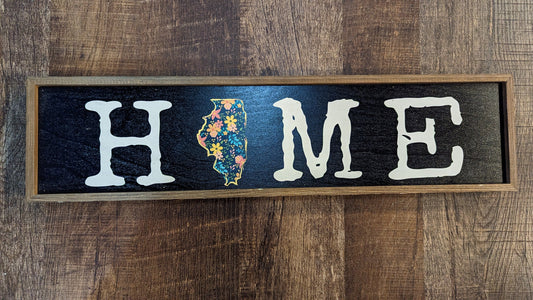 "Home" Illinois Floral State Shape 24x6 Wooden Home Decor Sign