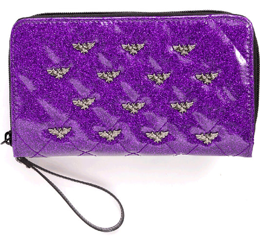 Studded Bats Purple Glitter Wallet Clutch