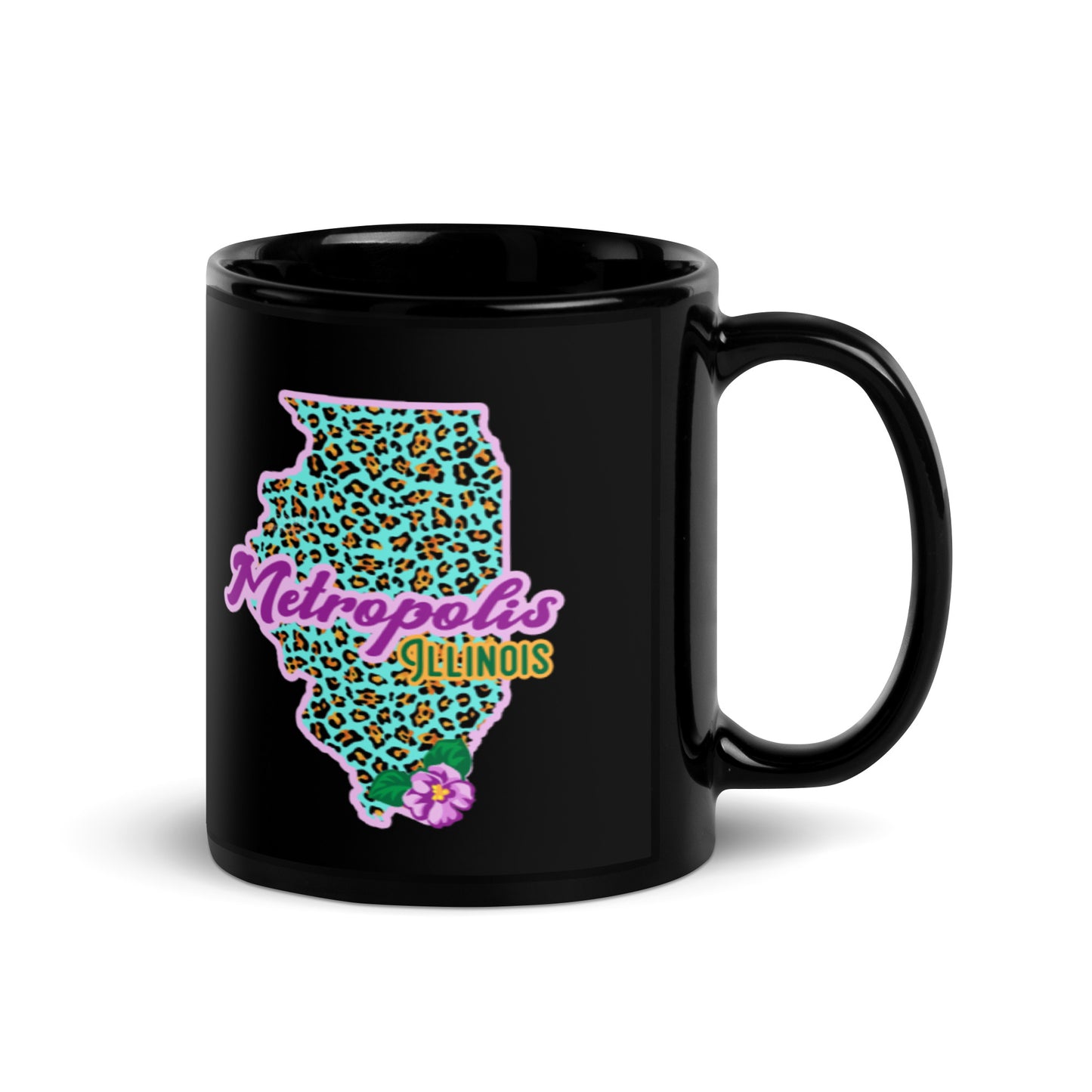 Metropolis Illinois State Flower over Leopard Print on Black Glossy Mug