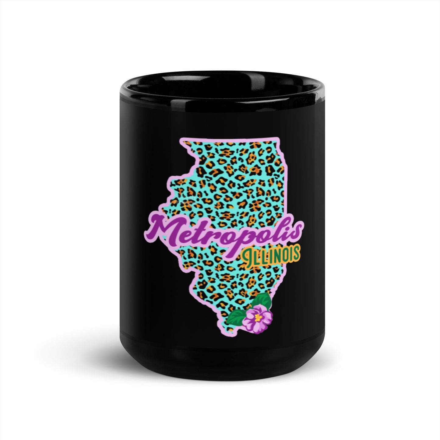 Metropolis Illinois State Flower over Leopard Print on Black Glossy Mug