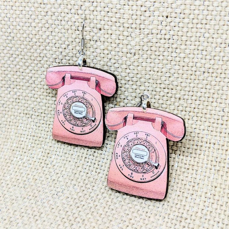 Telephone Earrings / Phone Earrings / Handmade Wood Earrings / Handmade Jewelry / Vintage Rotary Phone Earrings / Pink Earrings - supermanstuff.com