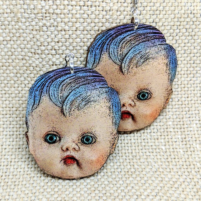 Giant Creepy Baby Head - Baby Doll Head Earrings - supermanstuff.com